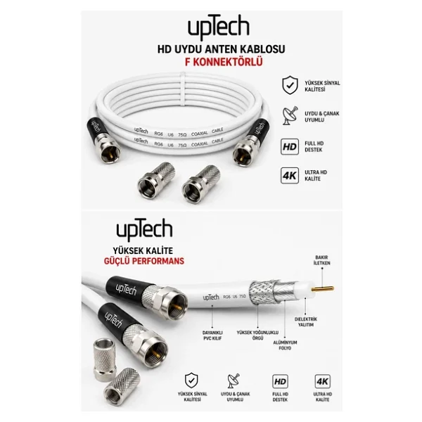 Uptech HD Uydu Anten Kablosu 50 Metre F Konnektörlü Full HD 4K TV Kablosu - Görsel 4