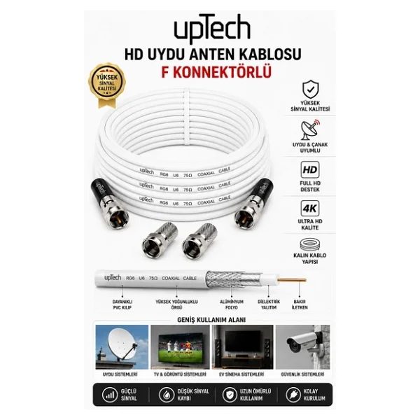 Uptech HD Uydu Anten Kablosu 50 Metre F Konnektörlü Full HD 4K TV Kablosu - Görsel 7