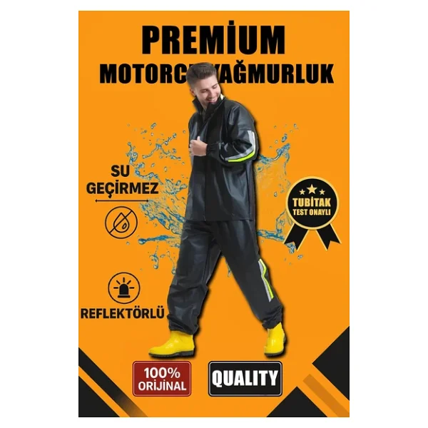 Erkek Premium Motorcu Kurye Yağmurluk Takım Su Geçirmez Pvc Kumaş Reflektörlü - Siyah - Görsel 3