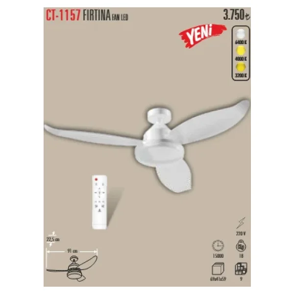 Cata Ct-1157 Fırtına Aydınlatmalı Uzaktan Kumandalı Tavan Vantilatörü - Görsel 6
