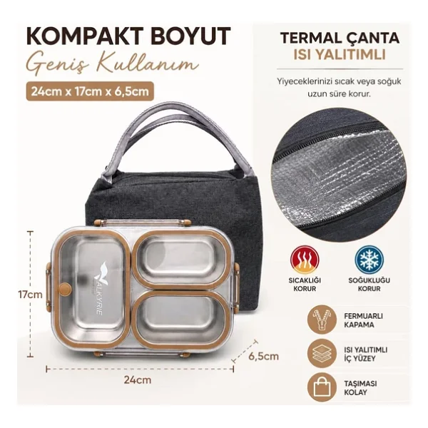 Valkyrie 304 Paslanmaz Çelik 3 Bölmeli Kahve Lunch Box Termal Çantalı - Sızdırmaz Kapaklı Beslenme Kabı, - Görsel 6