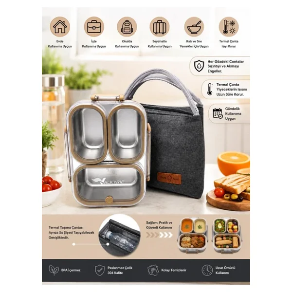 Valkyrie 304 Paslanmaz Çelik 3 Bölmeli Kahve Lunch Box Termal Çantalı - Sızdırmaz Kapaklı Beslenme Kabı, - Görsel 9