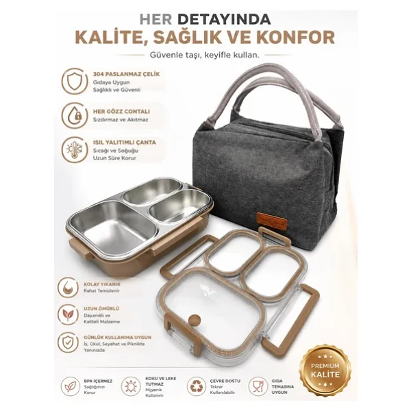 Valkyrie 304 Paslanmaz Çelik 3 Bölmeli Kahve Lunch Box Termal Çantalı - Sızdırmaz Kapaklı Beslenme Kabı, - Görsel 5