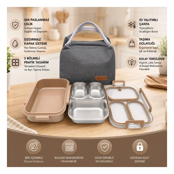 Valkyrie 304 Paslanmaz Çelik 3 Bölmeli Kahve Lunch Box Termal Çantalı - Sızdırmaz Kapaklı Beslenme Kabı, - Görsel 7