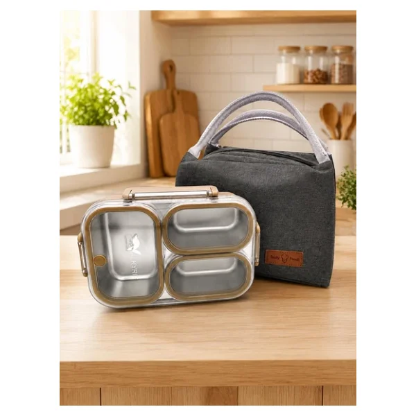 Valkyrie 304 Paslanmaz Çelik 3 Bölmeli Kahve Lunch Box Termal Çantalı - Sızdırmaz Kapaklı Beslenme Kabı, - Görsel 3