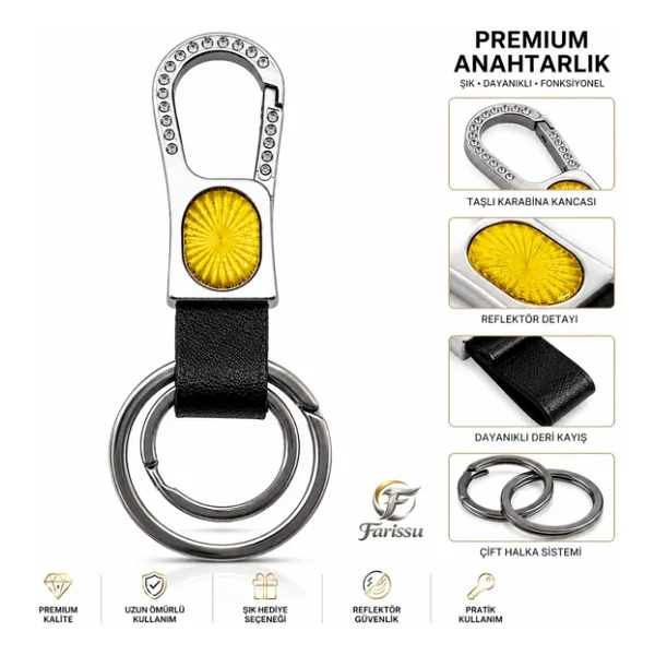 Premium Taşlı Karabina Kancalı Deri Anahtarlık - Sarı Reflektörlü & Çift Halkalı - Görsel 4