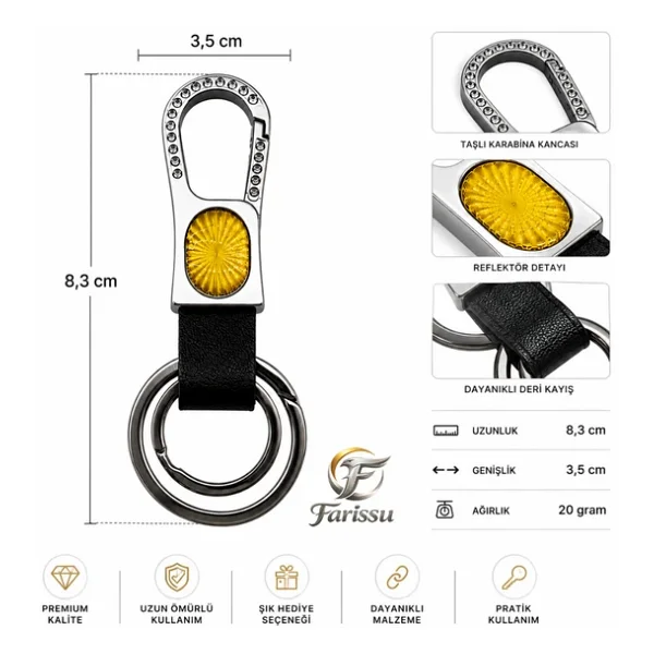 Premium Taşlı Karabina Kancalı Deri Anahtarlık - Sarı Reflektörlü & Çift Halkalı - Görsel 3