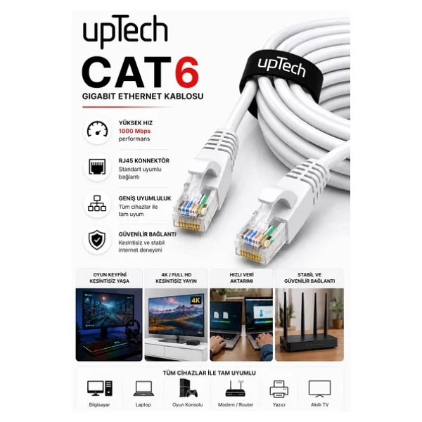 Uptech Cat6 Ethernet Kablosu 15 Metre Rj45 Lan İnternet Modem Router Bilgisayar Kablosu - Görsel 6