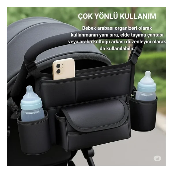 Polham Pratik 8 Bölmeli Çok Fonksiyonlu Bebek Arabası İçin Organizer Çanta, Biberen, Bez, Telefon Tutucu Çanta - Görsel 7