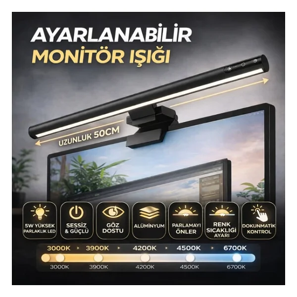 Polham Profesyonel 50 Cm Ayarlanabilir LED Monitör Işığı, Göz Korumalı Renk Sıcaklığı Ayarlı Alüminyum Monitör Lambası - Görsel 3