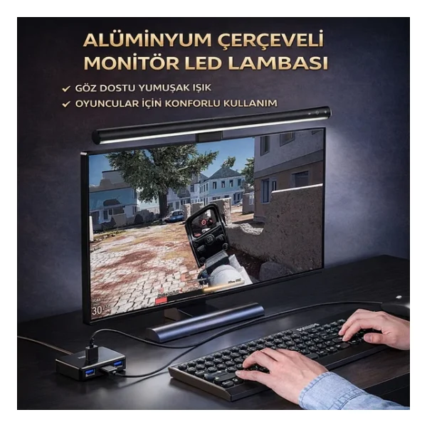 Polham Profesyonel 50 Cm Ayarlanabilir LED Monitör Işığı, Göz Korumalı Renk Sıcaklığı Ayarlı Alüminyum Monitör Lambası - Görsel 7