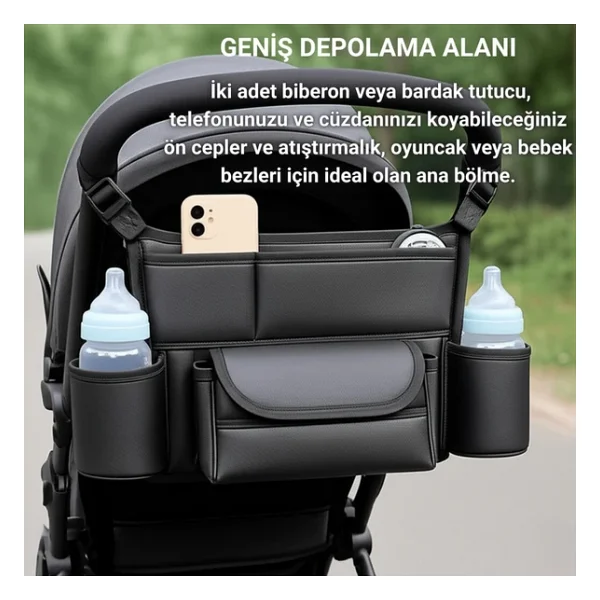 Polham Pratik 8 Bölmeli Çok Fonksiyonlu Bebek Arabası İçin Organizer Çanta, Biberen, Bez, Telefon Tutucu Çanta - Görsel 4
