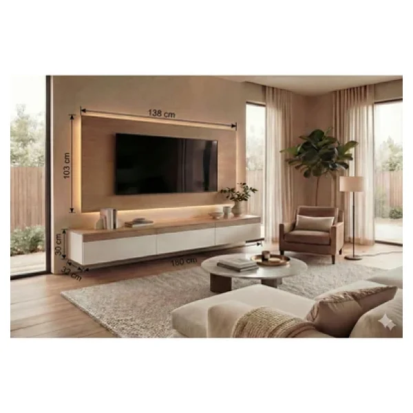 Platinreyon Purelıne Ledli Duvar TV Ünitesi 180 Cm Ceviz Beyaz - Görsel 9