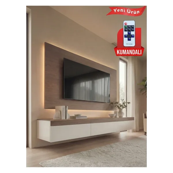 Platinreyon Purelıne Ledli Duvar TV Ünitesi 180 Cm Ceviz Beyaz - Görsel 3