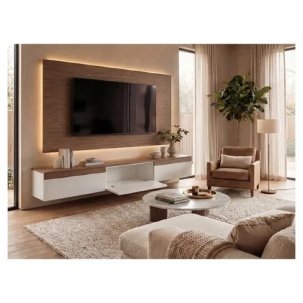 Platinreyon Purelıne Ledli Duvar TV Ünitesi 180 Cm Ceviz Beyaz - Görsel 5