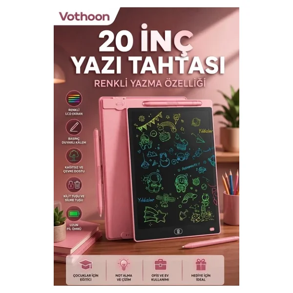 20 Inc Renkli Lcd Grafik Dijital Kalemli Çizim Tableti Yazı Tahta Not Yazma Eğitim Tableti Pembe - Görsel 6