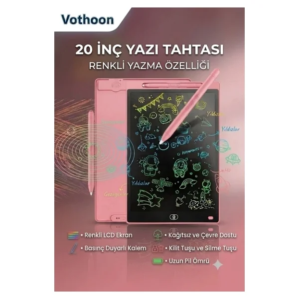 20 Inc Renkli Lcd Grafik Dijital Kalemli Çizim Tableti Yazı Tahta Not Yazma Eğitim Tableti Pembe - Görsel 8
