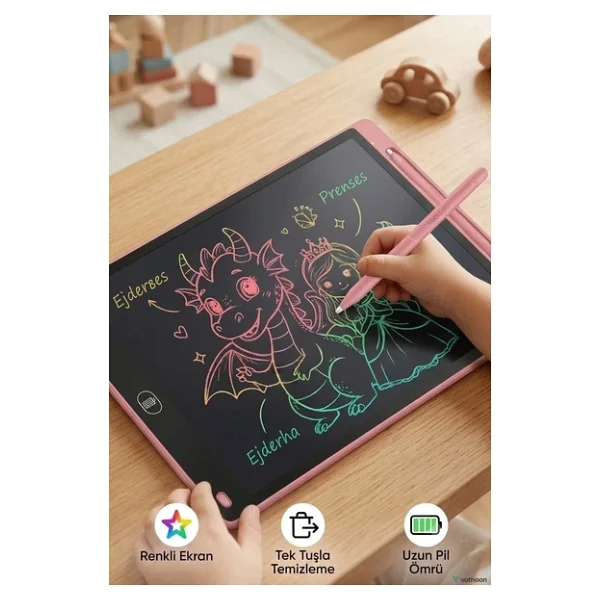 20 Inc Renkli Lcd Grafik Dijital Kalemli Çizim Tableti Yazı Tahta Not Yazma Eğitim Tableti Pembe - Görsel 9