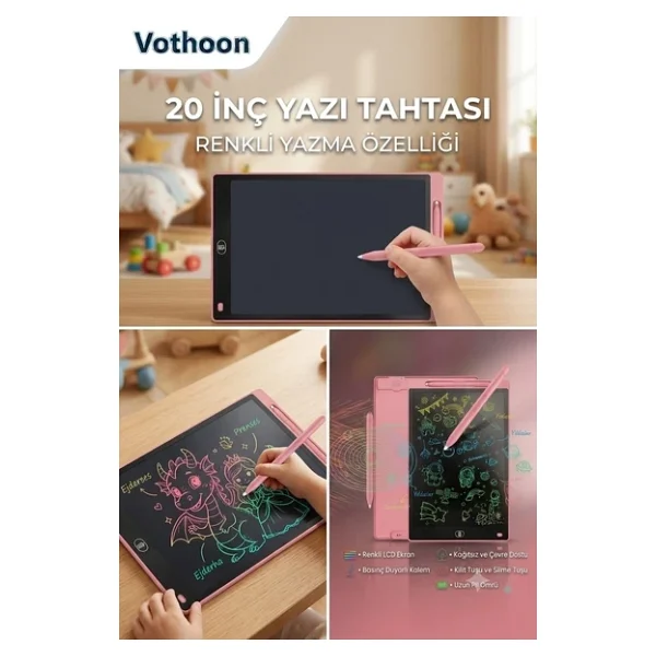 20 Inc Renkli Lcd Grafik Dijital Kalemli Çizim Tableti Yazı Tahta Not Yazma Eğitim Tableti Pembe - Görsel 7