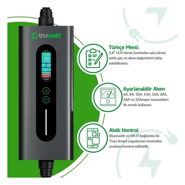 Truwatt Zta307 Taşınabilir Elektrikli Araç Şarj Cihazı 32a/7kw/220v (7 METRE) - Görsel 7