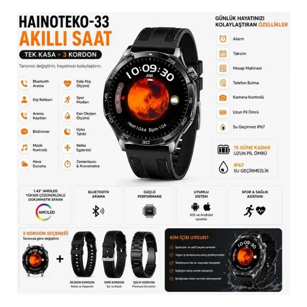 Haino Teko-33 Akıllı Saat Siyah 1 Kasa 3 Değiştirilebilir Kordon AMOLED Ekran Bluetooth Arama Ip67 - Görsel 5