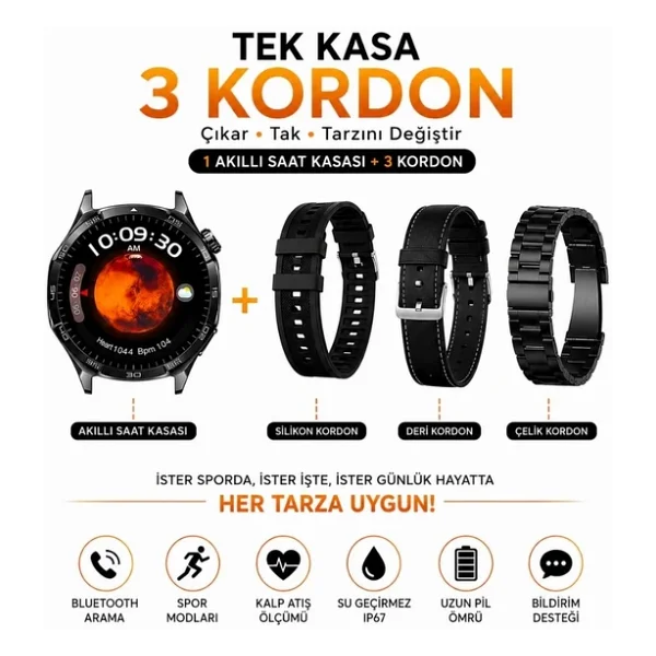 Haino Teko-33 Akıllı Saat Siyah 1 Kasa 3 Değiştirilebilir Kordon AMOLED Ekran Bluetooth Arama Ip67 - Görsel 4