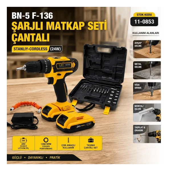 Banco Bn-5 F-136 Stanliy Sari 24w Professional Şarjli Darbeli Matkap Seti Çantali (5047) - Görsel 2