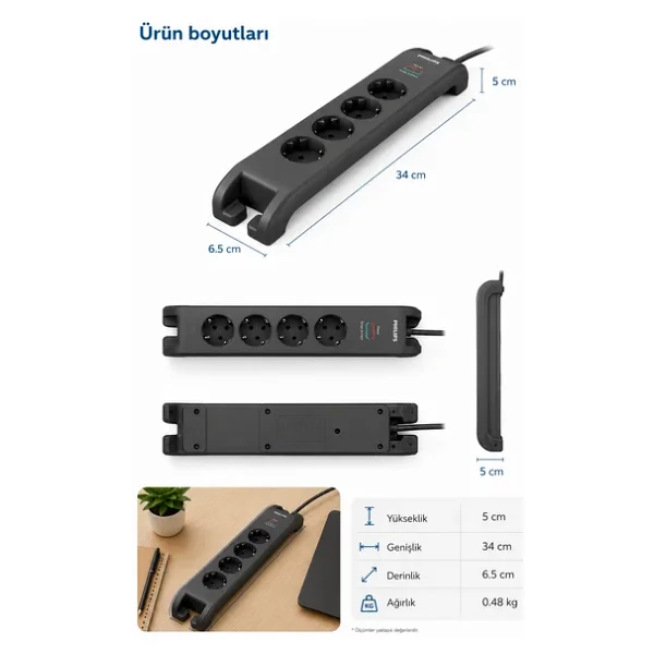 Philips Spn3140a/62 4'lü Akım Korumalı Priz, 2400 Joule, 2 M Kablo, Çocuk Korumalı, Anahtarlı, Gri - Görsel 2