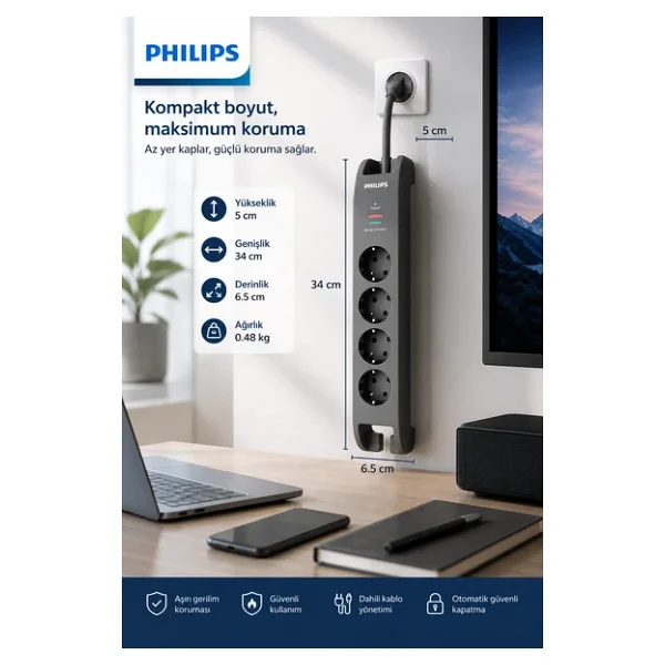 Philips Spn3140a/62 4'lü Akım Korumalı Priz, 2400 Joule, 2 M Kablo, Çocuk Korumalı, Anahtarlı, Gri - Görsel 6