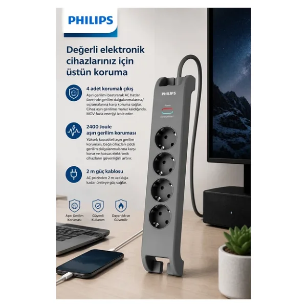 Philips Spn3140a/62 4'lü Akım Korumalı Priz, 2400 Joule, 2 M Kablo, Çocuk Korumalı, Anahtarlı, Gri - Görsel 5