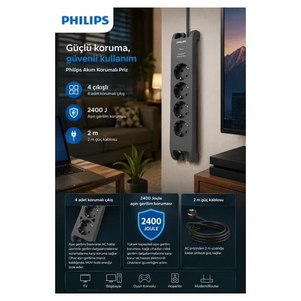 Philips Spn3140a/62 4'lü Akım Korumalı Priz, 2400 Joule, 2 M Kablo, Çocuk Korumalı, Anahtarlı, Gri - Görsel 7