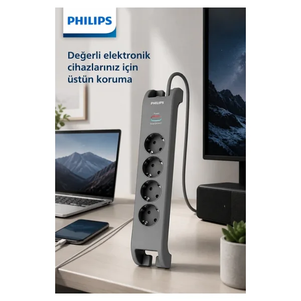Philips Spn3140a/62 4'lü Akım Korumalı Priz, 2400 Joule, 2 M Kablo, Çocuk Korumalı, Anahtarlı, Gri - Görsel 4