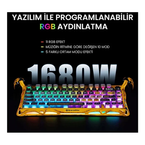 Gravastar Mercury K1 Pro Sarı RGB %75 Tkl X Kailh Switch Kablolu/Kablosuz Mekanik Oyuncu Klavyesi - Görsel 4