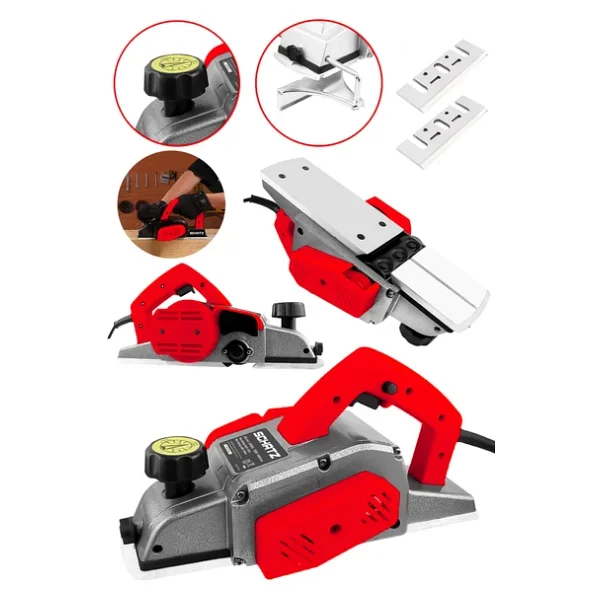 Schatz 800w Sjs Metal Şanzıman Bakır Sargı Motor Çift Bıçaklı Planya Rende Makinesi Kırmızı + 2 Uç - Görsel 2
