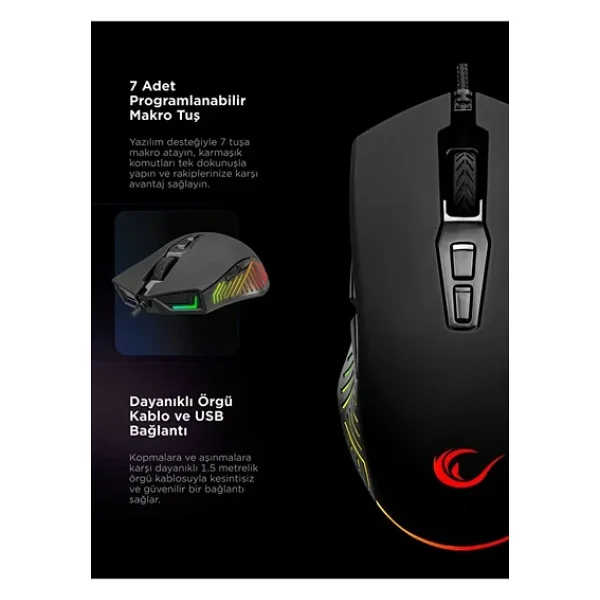 Rampage Spear Smx-G68 Siyah RGB Makrolu Ergonomik Optik Kablolu Oyuncu Mouse - Görsel 7