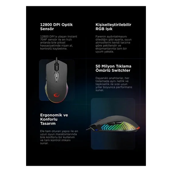 Rampage Spear Smx-G68 Siyah RGB Makrolu Ergonomik Optik Kablolu Oyuncu Mouse - Görsel 6