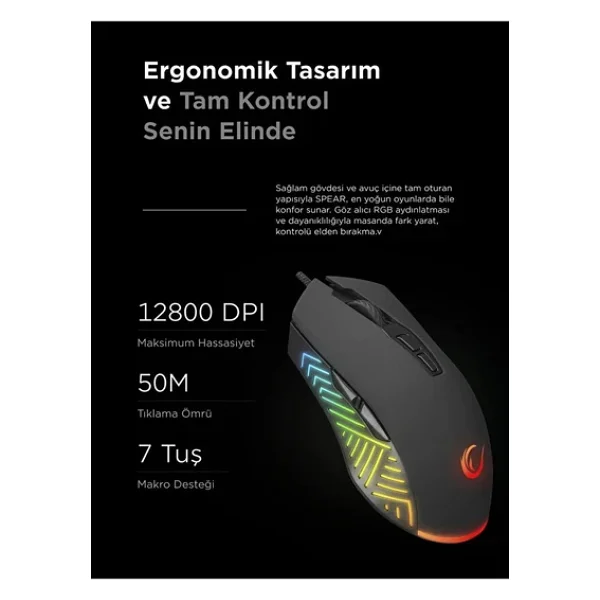 Rampage Spear Smx-G68 Siyah RGB Makrolu Ergonomik Optik Kablolu Oyuncu Mouse - Görsel 8
