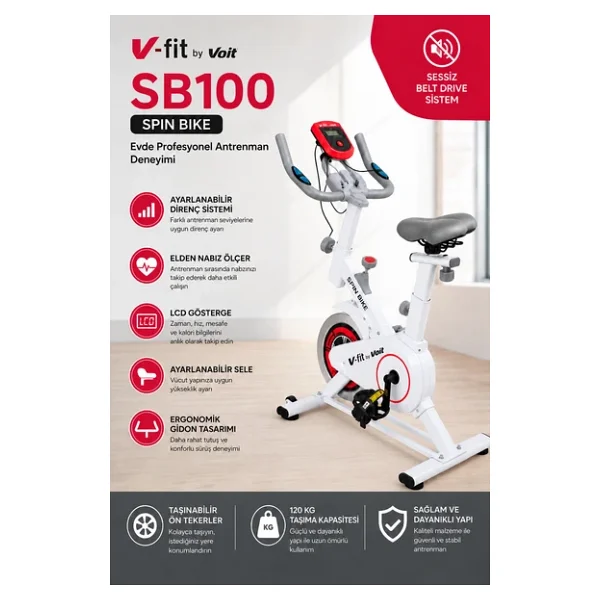 Vfit Sb100 Pro Beyaz Spin Bike Elden Nabız Ölçer Direnci Ayarlanabilir - Görsel 2