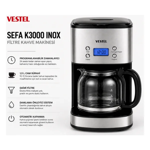 Vestel Sefa K3000 Inox Filtre Kahve Makinesi - Görsel 6