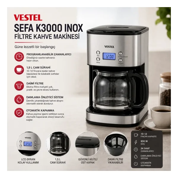 Vestel Sefa K3000 Inox Filtre Kahve Makinesi - Görsel 5
