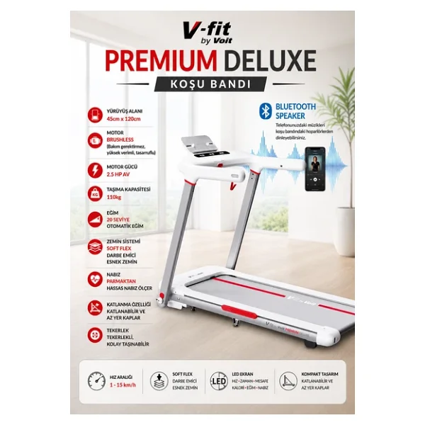 Vfit By Premium Delux Koşu Bandı, 20 Kademe Eğim, Brushless, Katlanabilir, 15 Km/S, Bluetooth - Görsel 6