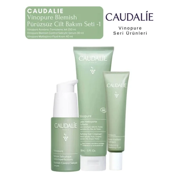 Caudalie Vinopure Blemish Serum + Krem + Temizleme Jeli Orijinal Boy (1) Pürüzsüz Cilt Bakım Seti - Görsel 4