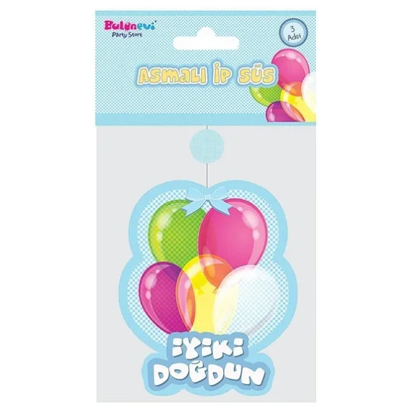 İyiki Doğdun Yazılı Asmalı İp Süs Mavi Renk 3 Lü Set 12x45 Cm - Görsel 3