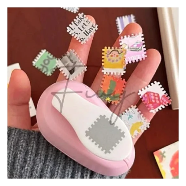 Pul Delgeç Tasarım Scrapbooking Malzemesi - Pul Şekilli Delgeç Kağıt Kesici Pembe - Görsel 7