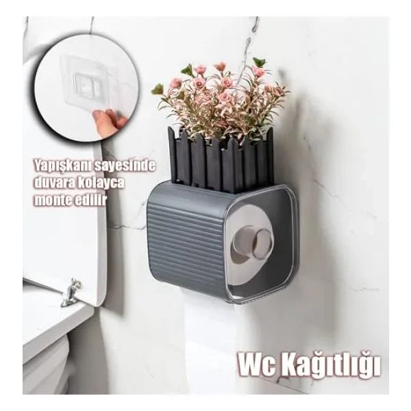 Porsima Yapışkanlı Banyo Tuvalet Kağıtlığı Wc Peçetelik Kağıtlık Tutucu Tuvalet Kağıt Organizeri (Antrasit) - Görsel 2