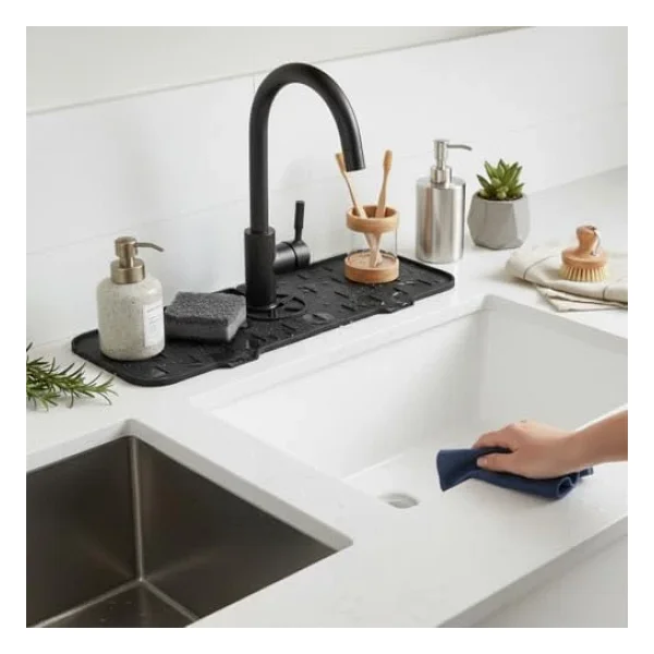 Deconox Silikon Musluk Matı Ve Lavabo Sıçrama Önleyici - Mutfak Ve Banyo İçin Su Tahliyeli Tezgah Koruyucu, Sünger Ve Sabunluk Düzenleyici, Kaymaz Musluk Arkası Kurutma Pedi (Asorti) - Görsel 6