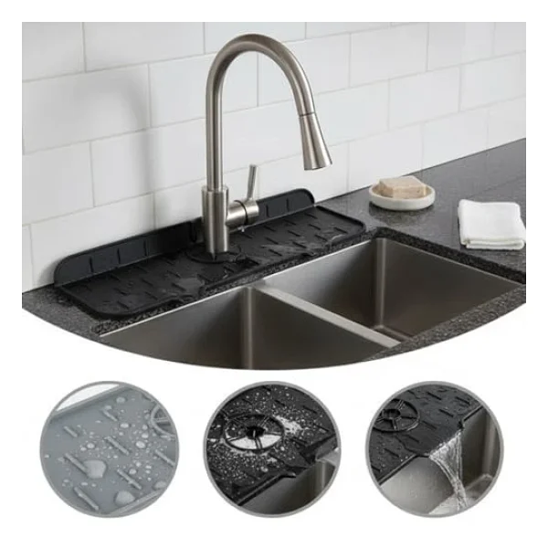 Deconox Silikon Musluk Matı Ve Lavabo Sıçrama Önleyici - Mutfak Ve Banyo İçin Su Tahliyeli Tezgah Koruyucu, Sünger Ve Sabunluk Düzenleyici, Kaymaz Musluk Arkası Kurutma Pedi (Asorti) - Görsel 4