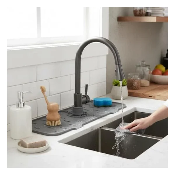 Deconox Silikon Musluk Matı Ve Lavabo Sıçrama Önleyici - Mutfak Ve Banyo İçin Su Tahliyeli Tezgah Koruyucu, Sünger Ve Sabunluk Düzenleyici, Kaymaz Musluk Arkası Kurutma Pedi (Asorti) - Görsel 8