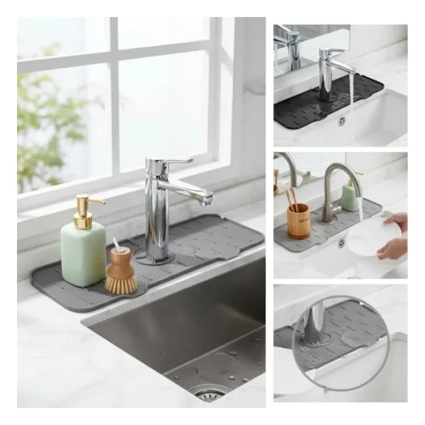 Deconox Silikon Musluk Matı Ve Lavabo Sıçrama Önleyici - Mutfak Ve Banyo İçin Su Tahliyeli Tezgah Koruyucu, Sünger Ve Sabunluk Düzenleyici, Kaymaz Musluk Arkası Kurutma Pedi (Asorti) - Görsel 5