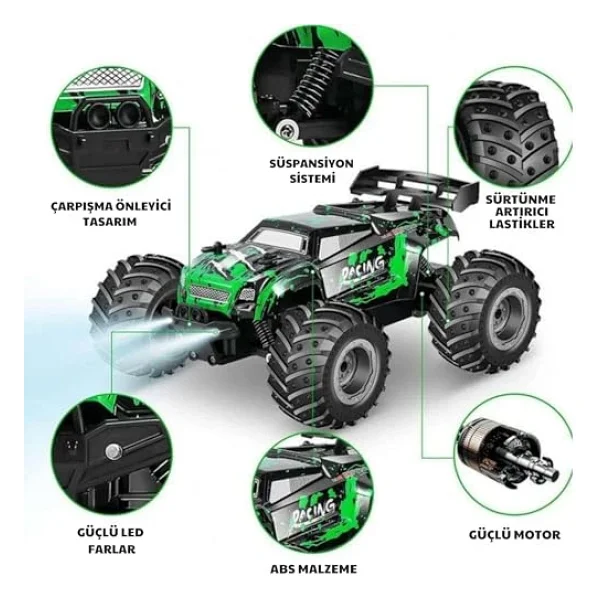 Giffy/Oyuncak 2.4 GHz Uzaktan Kumandalı Şarjlı LED Işıklı Drift Atan 15 Km Hız Yapan Off Road Araba 45 Dk Sürüş Süresi 1200 mAh Batarya (Yeşil) - Görsel 4